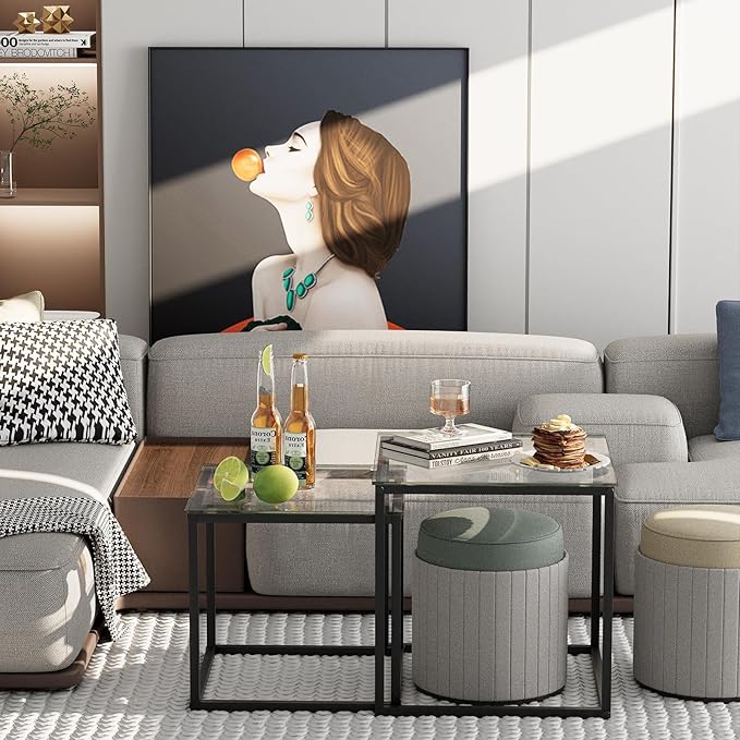 Garden 4 you Coffee Table Set of 2, Modern Glass Nesting Table, Metal Frame Square Center Table Set, Side Tables, Nesting Coffee Table for Living Room, Bedroom and Small Spaces, 19.7in Black