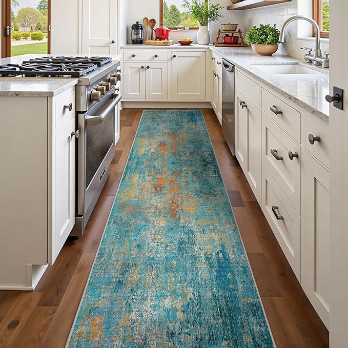 Washable Area Rugs 2'x10' Non-Slip Modern Abstract Soft for Living Room Entryway Bedroom Nursery, Print Pattern, Teal Blue Green Orange Rust Red Colorful