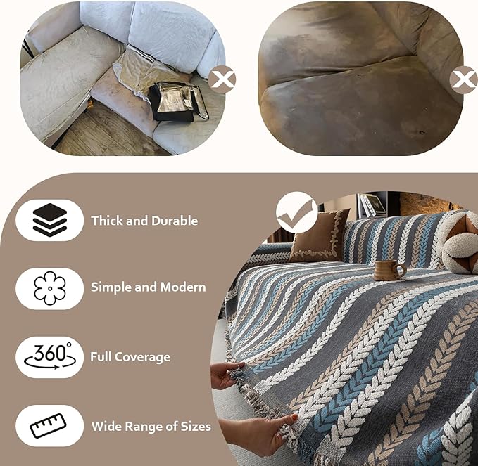 STACYPIK Boho Jacquard Leaves Sofa Cover, Blue Geometric Couch Cover for Dog, Washable Furniture Protector for 3 Cushion Couch, Non Slip Sectional Cover for Loveseat, L Shape Sofa Slipcovers-71X134IN