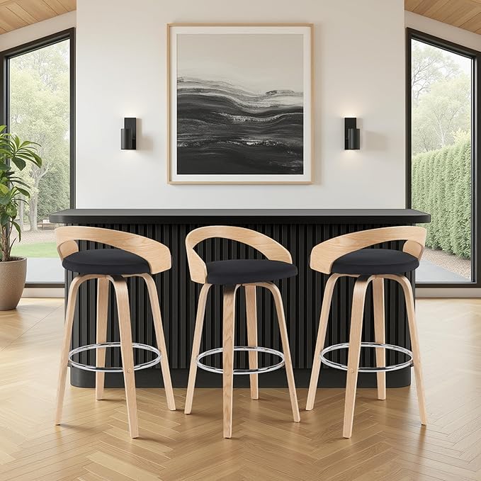 Sonia Modern Swivel Bar Height Stool with Black Upholstered Seat and Patterned Oak Wood Finish Set of 3