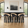 Sonia Modern Swivel Bar Height Stool with Black Upholstered Seat and Patterned Oak Wood Finish Set of 3