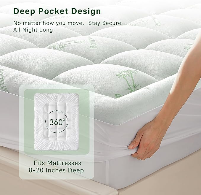 Anluoer Memory Foam Mattress Topper Full for Back Pain, Rayon Derived from Bamboo Pillow Top Mattress Topper for Hot Sleepers,Cooling Mattress Pad with 8-21" Deep Pocket, 54x75 Inches, White