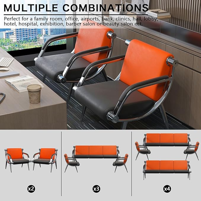 wonline Waiting Room Chair with Armrest PU Leather Office Furniture, Office Guest Seating Lobby Conference Reception Chairs for Airport Clinic Hospital Bank Salon Barber(Orange&Black)