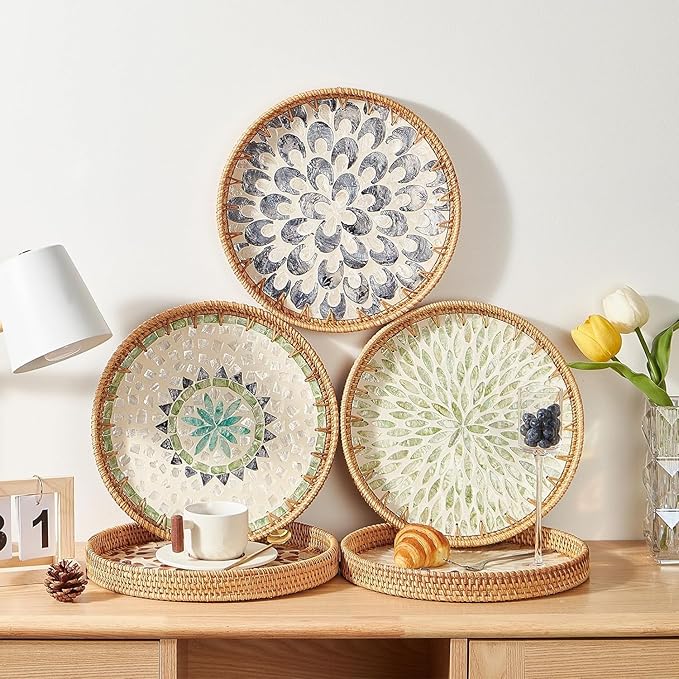 Round Rattan Side Table, Handmade Rattan Tray with 3 Legs, Mother of Pearls Inlay Coffee/Accent Table, Round end/Side Tables for Living Room, Bedrooms, Pedestal Plant Stand for Balcony