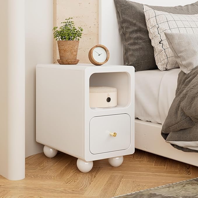 Solid Wood Night Stand, Narrow Nightstand with Drawers, White Mid Century Modern Nightstand, Small Beside Table with Open Storage Shelf for Bedroom (10 inch)