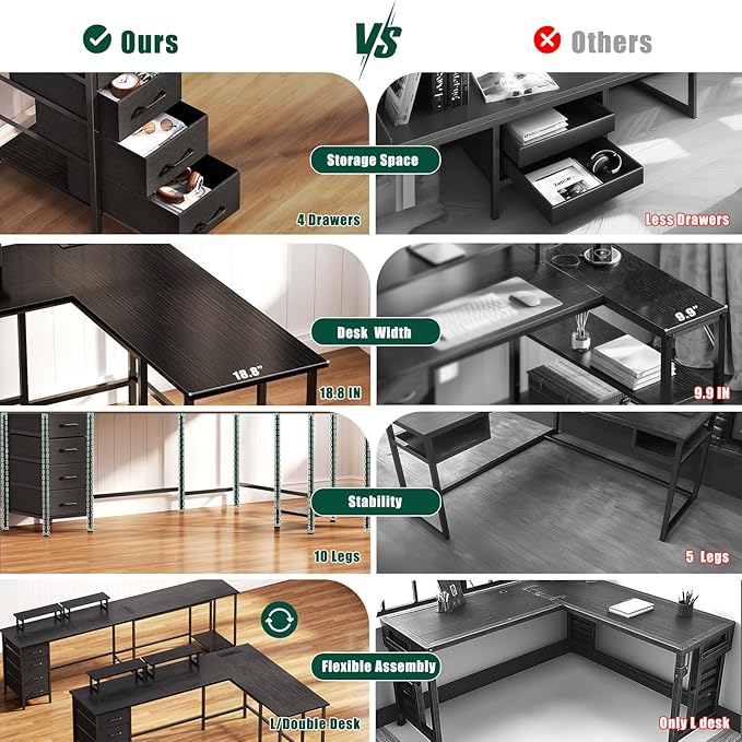 66" L Shaped Computer Desk, 94.4'' Home Office Desk with Power Outlets, 4 Adjustable Storage Drawers & 2 Monitor Stands, Large Two Person Gaming Table for Writing Study, Black