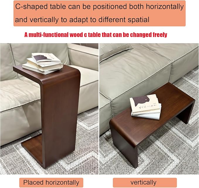C Shaped End Table, Solid Wood C Side Table for Couch Sofa and Bed, Sofa Tables That Slide Under for Space Saving, Small Snack C Tables for Living Room Bedroom (H 27.2″ - Brown, 1)