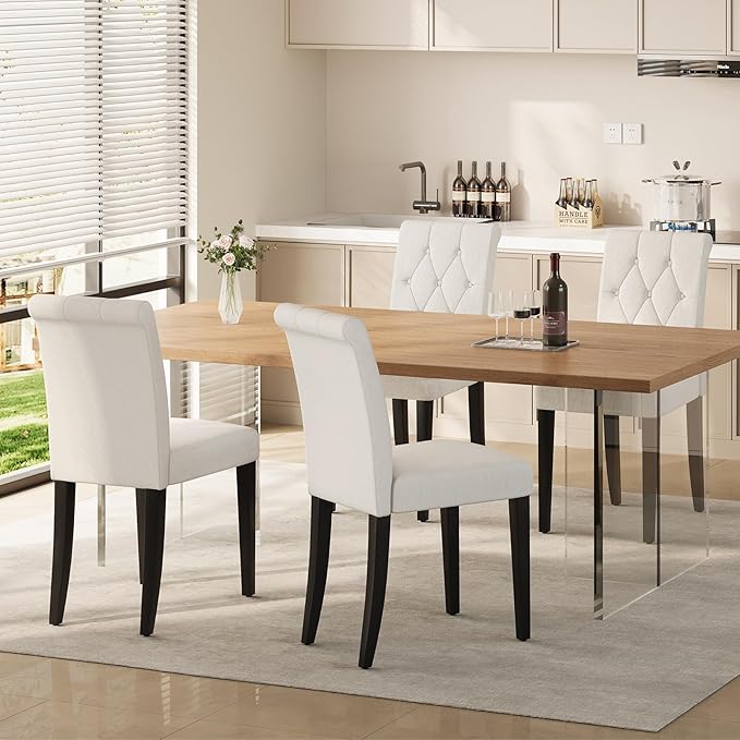 Upholstered Dining Chairs Set of 6, Button Tufted Parsons Dining Chair with Solid Wood Legs, Modern Fabric Side Chair for Dining Room/Kitchen/Restaurant/Hotel- White