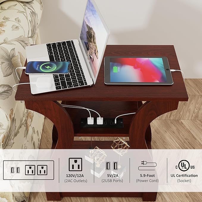 End Tables Living Room Set of 2,Cherry End Table with Charging Station,Side Table, Nightstand for Bedroom, 3 Tier End Table with Storage Shelf for Living Room(Cherry)