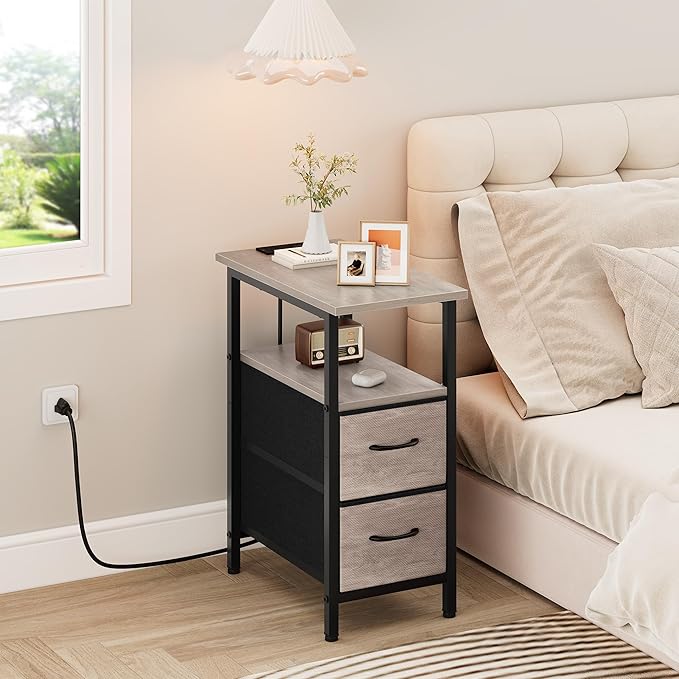 Vagusicc End Table with Charging Station Set of 2, Narrow Side Table, 23.8'' Tall Nightstand with 2 Drawers, Small Sofa Side Table Narrow Nightstand for Small Spaces, Living Room, Bedroom, Rustic Grey