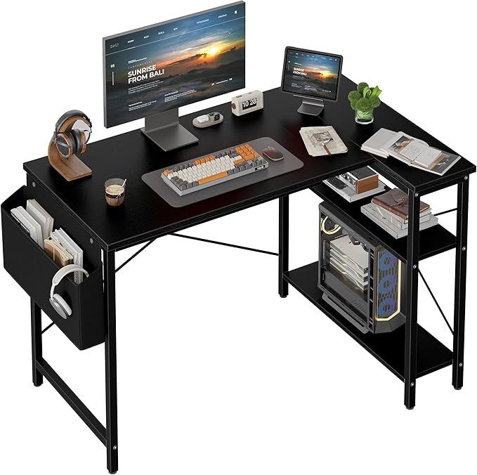L Shaped Computer Desk with Reversible Shelves, 40 Inch Small Corner Desk with Storage Bag, Gaming Desk Computer Table Study Writing Table for Home Office Bedroom Small Space, Black