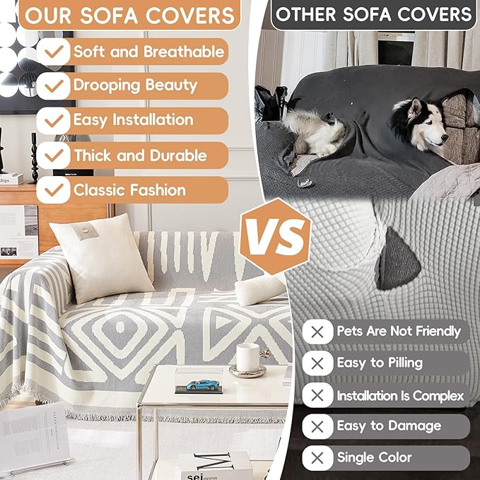 STACYPIK Boho Grey Sofa Cover Furniture Protector Couch Soft with Tassels for Kids Jacquard Triangle Couch Cover for Loveseat Cover Reversible Non Slip Sofa Cover Pets Dogs Friendly Home Decor-71X71IN