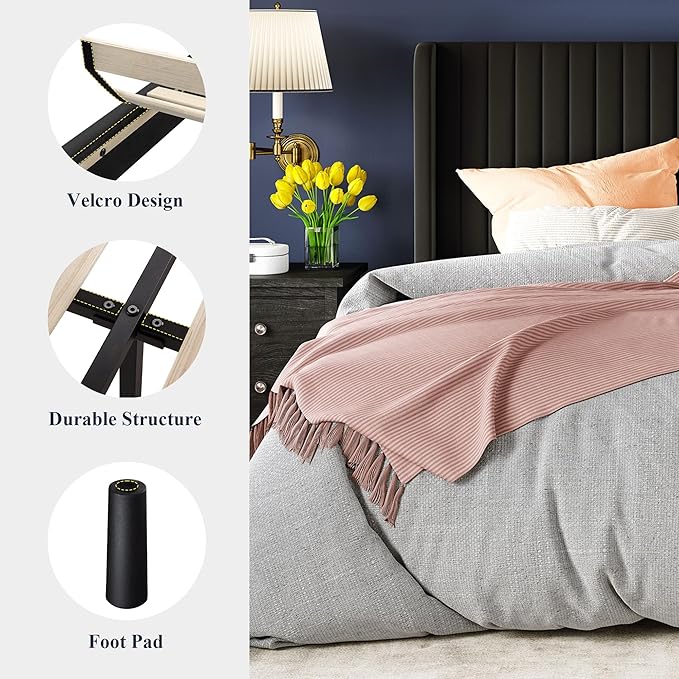 Allewie Full Size Velvet Bed Frame/Vertical Channel Tufted Wingback Headboard/Upholstered Platform Bed/Strong Wooden Slats/No Box Spring Needed/Easy Assembly/Black