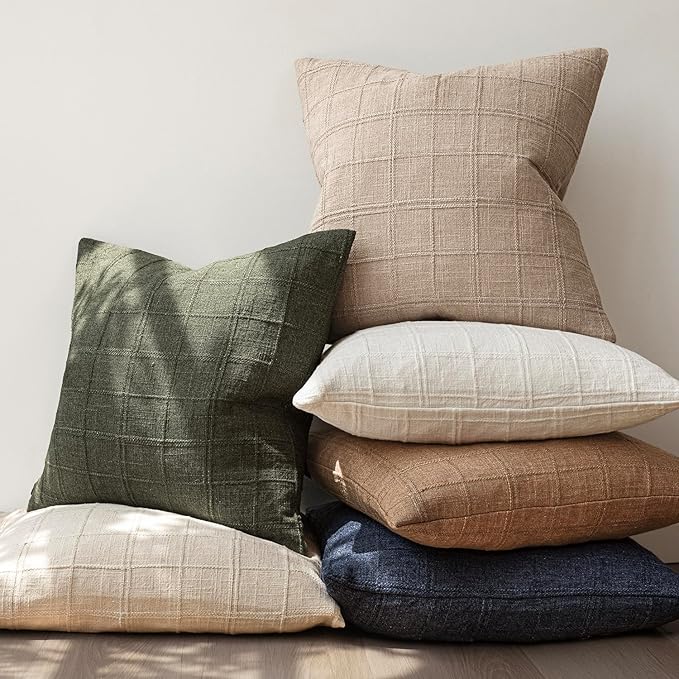 Foindtower Set of 2 Decorative Linen Check Throw Pillow Covers Neutral Farmhouse Vintage Cushion Covers Modern Coastal Boho Home Decor For Sofa Chair Couch Bedroom Living Room Outdoor,20×20 Inch,Camel