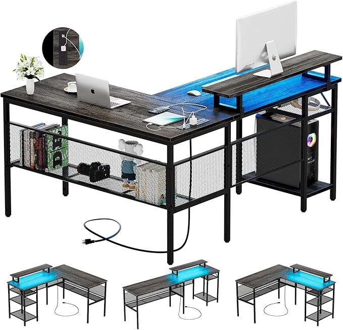 L Shaped Computer Desk with Magic Power Outlets and Smart LED Light, Reversible Office Corner Desk with Ergonomic Monitor Stand, Large Gaming Table with Storage, Sleek Grid Design, Black Oak