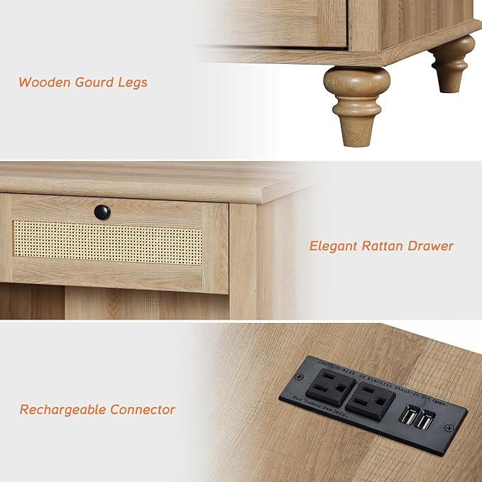 WAMPAT Rattan Nightstand Side Table with Charging Station, Light Wood End Table with 2 Drawers for Living Room, Rustic Farmhouse Night Stand Bedside Table for Bedroom, Oak