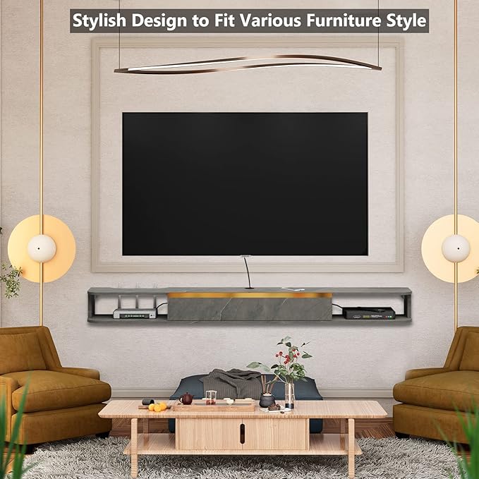Floating TV Stand, 55'' Wall Mounted Entertainment Center TV Media Console, Floating Shelves with Door, Floating TV Cabinet Large Storage TV Bench for Living Room (Dark Grey, 55.11IN)