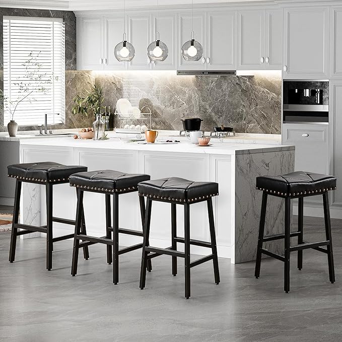 VECELO 25 inch Counter Height Stools for Kitchen Island, 3.3'' Thick PU Upholstered Saddle Seats, Backless Bar Chairs with Metal Base, Black