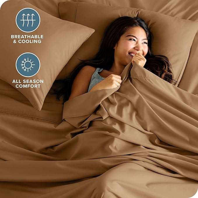Bare Home Queen Sheet Set - Luxury 1800 Ultra-Soft Microfiber Bed Sheets - Double Brushed - Deep Pockets - Easy Fit - 4 Piece Set - Bedding Sheets & Pillowcases (Queen, Caramel)