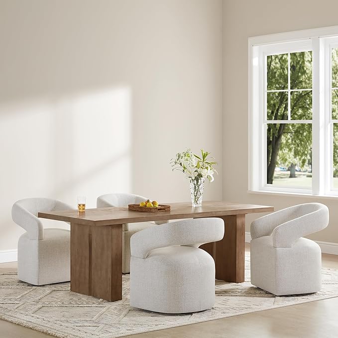 Upholstered Dining Chairs with Casters Modern Barrel Side Armchair with Rollers for Diningroom Bedroom Livingroom Reading Room, Beige, 1PCS