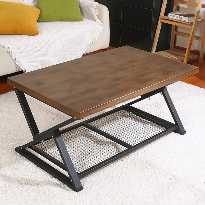 EASYSOUL Coffee Table with Storage Shelf, Solid Wood Top with Black Metal X-Frame, 39.37" D x 23.62" W x 18.11" H, Mid Century Modern Center Coffee Tables for Living Room with 2 Tier (Brow, 47.24")