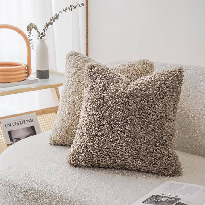 Foindtower 2 Pieces 26x26 Inch Khaki, Faux Fur Throw Pillow Cover Accent Sherpa Pillow Fuzzy Soft Pillowcases Sheepskin Decorative Fleece Cushion Case for Bed Couch Living Room