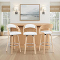 Shelly Modern Bar Height Swivel Stool in Patterned Oak Finish with White Faux Leather Upholstered Seat Set of 4