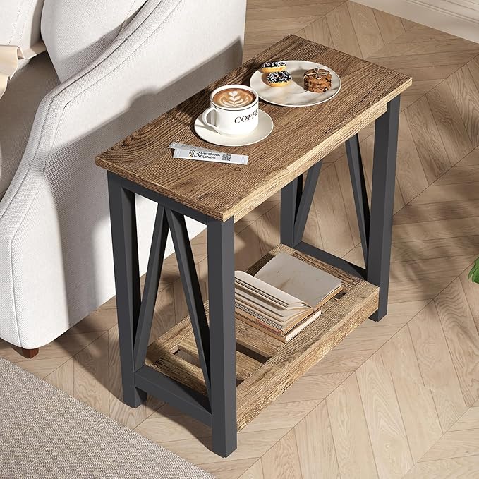 ChooChoo Farmhouse End Table, Narrow Side Table, Slim End Table with Storage Shelf for Small Spaces for Living Room, Bedroom Rustic Oak & Black