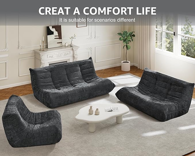 Hobestluk Bean Bag Chair Giant Bean Bag Sofa 2 Seater Bean Bag Chairs for Adults, Loveseat Floor Chair, Bean Bag Chairs for Living Room Bedroom Dorm Office (Darkgrey Chenille, Loveseat)