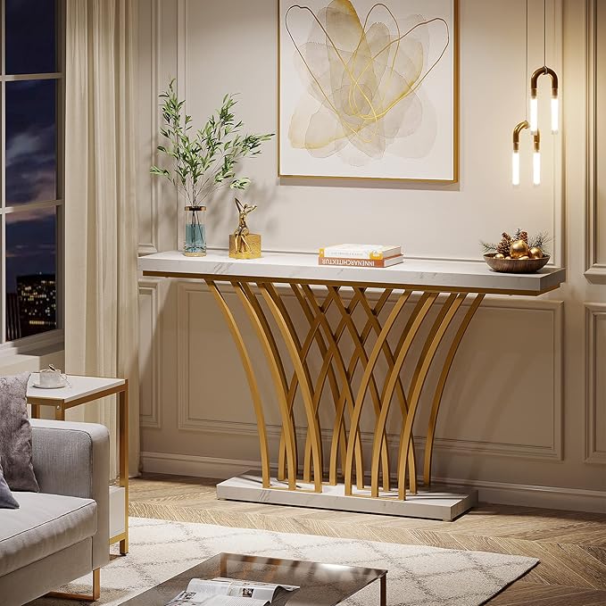 Tribesigns 59 inch Gold Console Table, Modern Entryway Table with Grid-Shaped Metal Base for Entrance, Hallway, Entryway, Living Room(White Faux Marble & Gold)