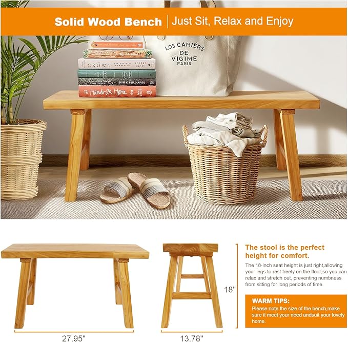 Farmhouse Solid Wood Bench: Long Rustic Indoor Narrow Wooden Bench for Entryway,Living Room, Dining Room,End of Bed,Hallway (31.5" Lx10 Wx18 H)
