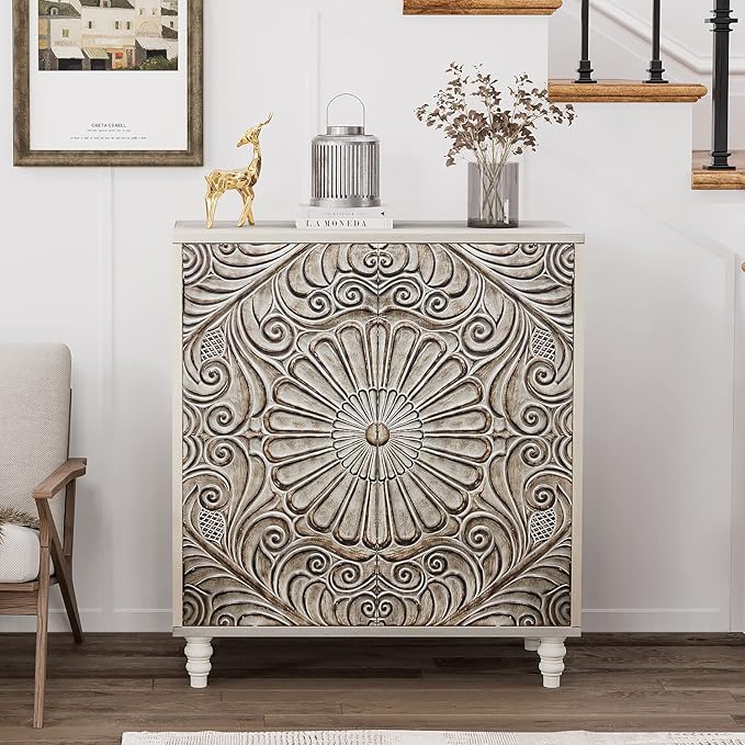 COSIEST Set of 3 32" Buffet Sideboard Cabinets with Storage, Accent Cabinet with Push-to-Open Doors, Vintage Flower Carved Pinewood Doors, Entryway Console for Living Room, Kitchen, Hallway, Gray