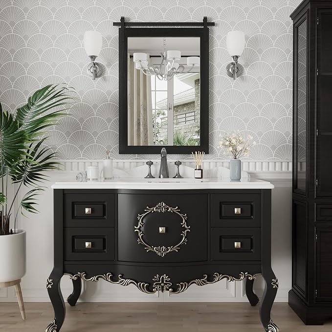 PAIHOME Black Farmhouse Mirror for Bathroom, 22x30INCH Wood Framed Rectangle Bathroom Mirrors for Vanity, Barn Door Style Mirrors Wall Mounted Dresser Decor Mirror Living Room Bedroom Vertical