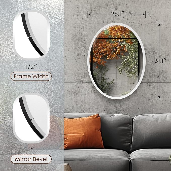 OVALCREST - Oval Wooden Beveled Wall Mirror for Home Decor, Bathroom, Vanity, Bedroom, Living Room, Hallway - London Style (Linen White) 25.1 x 31.1