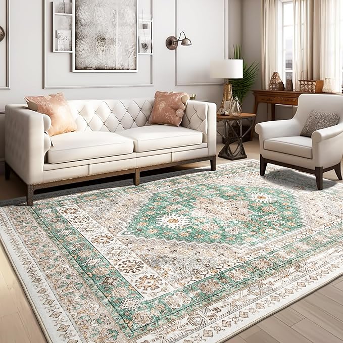zesthome 9x12 Area Rugs,Stain Resistant Washable Rug,Ultra-Thin Rugs for Living Room,Bedroom,Non-Slip Backing Home Decor Large Area Rug (Green,9'x12')