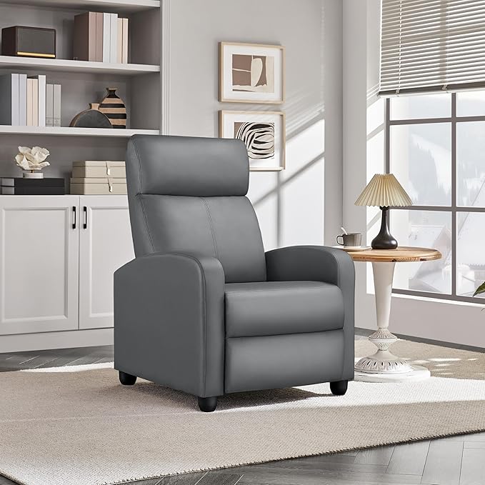 Yaheetech Recliner Chair PU Leather Recliner Sofa Home Theater Seating with Lumbar Support Overstuffed High-Density Sponge Push Silver Gray Recliners