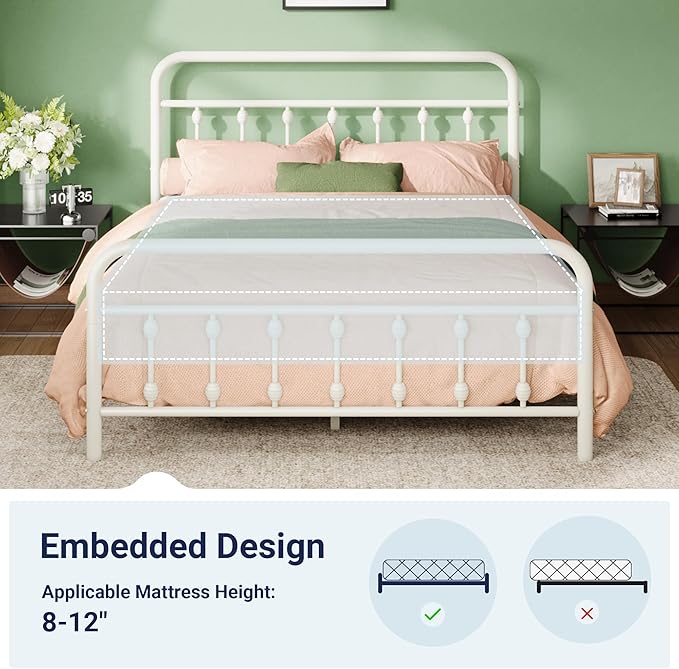 Allewie 14 Inches Full Size Metal Platform Bed Frame with Victorian Style Iron-Art Headboard/Footboard, Mattress Foundation, Easy Assembly, Under Bed Storage, No Box Spring Required, Off White