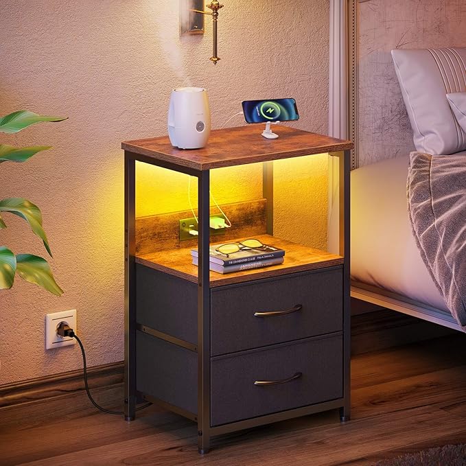 Seventable Nightstand with Charging Station, Bedside Table with LED Lights, Night Stand with 2 Fabric Drawers, 3-Tier Storage End Table for Bedroom, Rustic Brown