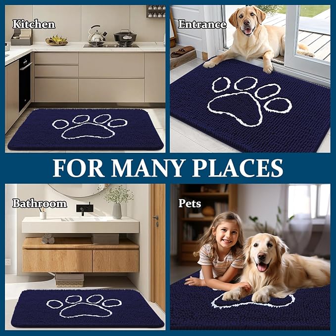 OLANLY Door Mat for Muddy Dog Paws 47x32, Ultra Absorbent Chenille Mud Doormat with Paw Print Design, Non-Slip Washable Doormat for Indoor Entryway, Quick-Dry Pet Bed Mats for Dirty Dogs, Navy Blue