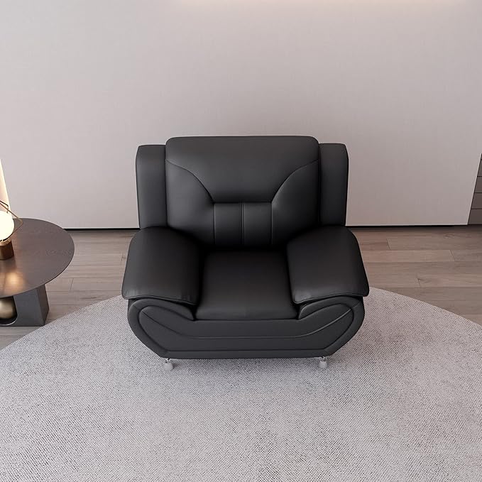 Container Furniture Direct Michael Modern Faux Leather Upholstered Stainless Steel Legs Living Room Sofa, Chair, Midnight Black