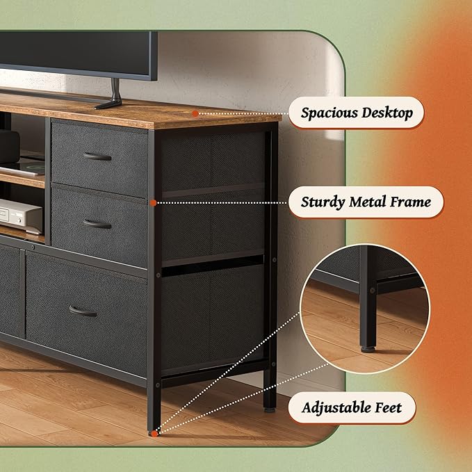 Huuger TV Stand Dresser with Power Outlets and LED Lights, 7 Drawers, 47 Inch Console, Rustic Brown and Black