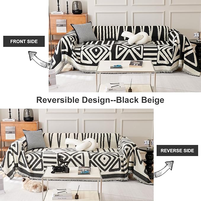 STACYPIK Boho Geometric Sofa Cover Chenille Beige Black Couch Cover for Dog Pet Friendly Couch Protector for 3-4 Cushion Couch Non-Slip Jacquard Sectional Couch Cover Tassels Sofa Slipcover-71x150IN