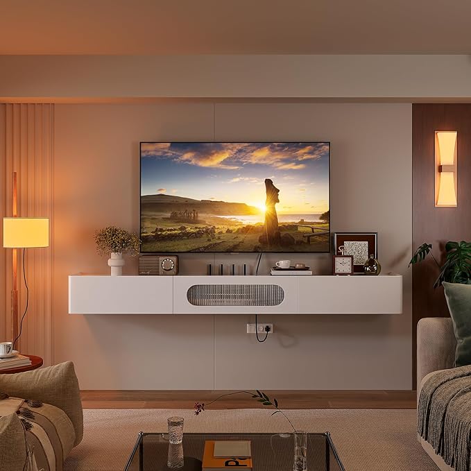 Floaticase Floating TV Stand, 47IN Fully Assembled Hign Gloss Wall Mounted TV Console with Flip-Down Door & Drawers for Livingroom, Bedroom