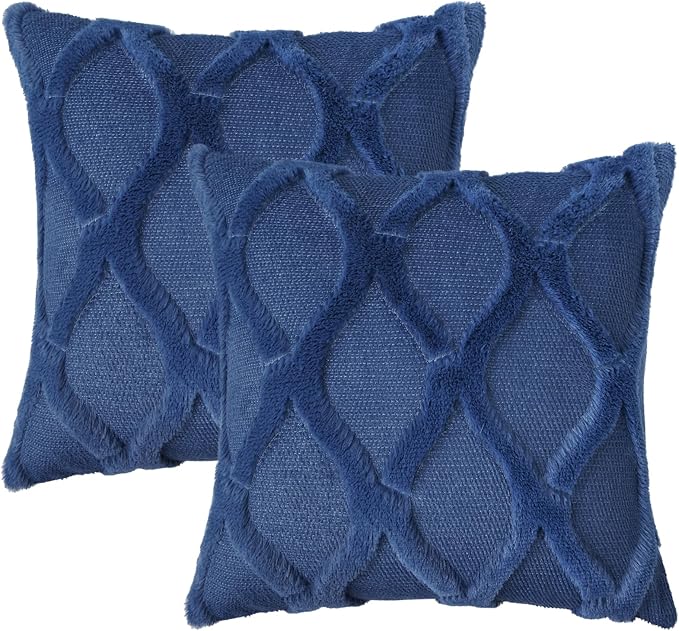 decorUhome Throw Pillow Covers 20x20 Inch Set of 2, Soft Plush Faux Fur Wool Dark Blue Couch Pillow Covers, Decorative Neutral Pillow Cases for Bed Sofa Living Room Home Decor