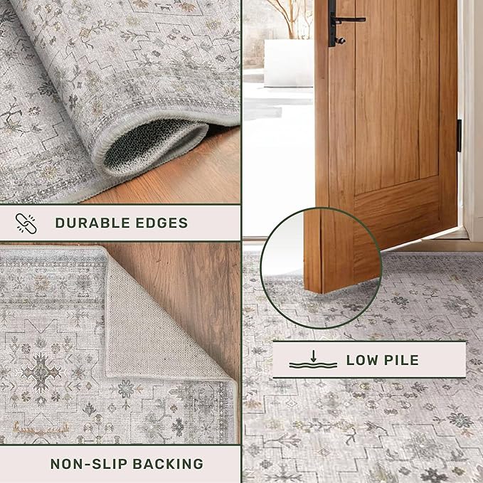 Boho Light Grey Living Room Rug 6x8 - Modern Vintage Eclectic Floral Paste Neutral Taupe, Washable Low Pile Non-Slip Large Area Rugs for Dining Under Table, Bedroom