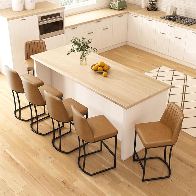 Bar Stools Set of 6, Faux Leather Counter Height Barstools, Upholstered Kitchen Counter Stools with Back and Stitching, 25.6" H Kitchen Island Stools Bar Chair, Metal Framed, Whisky Brown