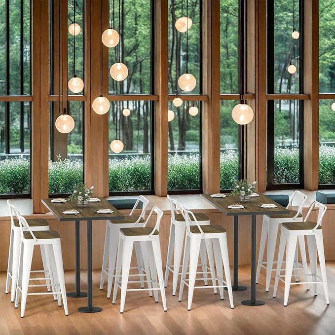 White Bar Stools Set of 4, Metal Bar Stools with Wooden Seat, Modern 30”Counter Height Barstools with Low Back