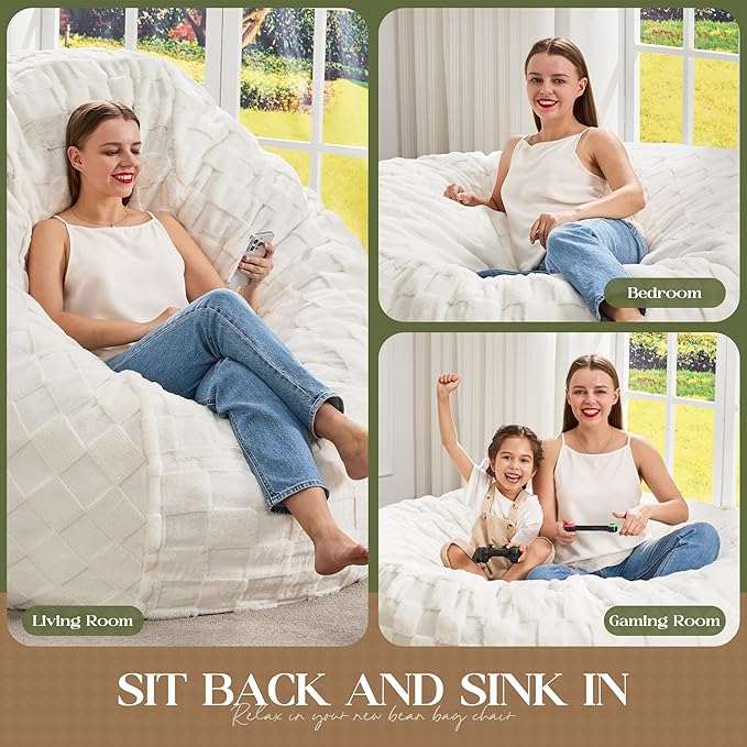 Hobestluk Bean Bag Chairs Beanbag Chair with Filler Adult Bean Bags with Fluffy Plaid Cover, Giant Bean Bag Chairs for Adults for Living Room, Bedroom (White, 3FT - 36” x 36” x 22”)