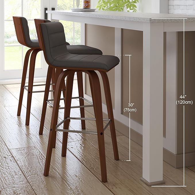 Vienna 30" Swivel Bar Stool in Walnut Wood Finish with Gray Faux Leather - Set of 2