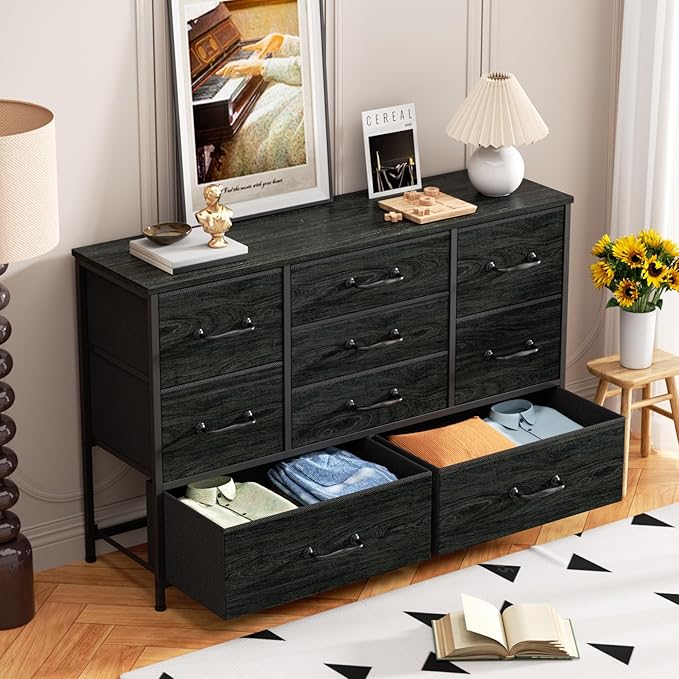 Furnulem Dresser for Bedroom with 9 Large Drawers for 55'' Long Chest TV Stand Entertainment Center, Wood Shelf Storage for Living Room, Dorm, Closet, Entryway, Sturdy Metal Frame(Black Oak)